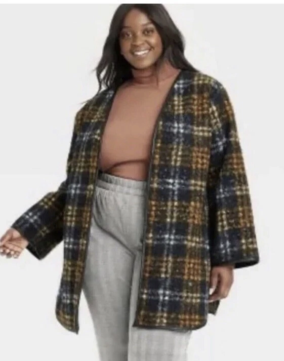 Ava & Viv 4X Abrigo a Cuadros Óxido Chaqueta Larga Bolsillos Imitación Cuero Borde Minorista $45