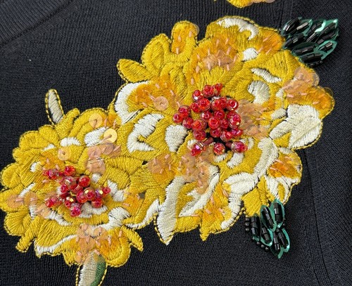 NWOT ESCADA Knit Short Sleeves Top Small Black Gold Embroidered Flowers Beaded - Picture 6 of 16
