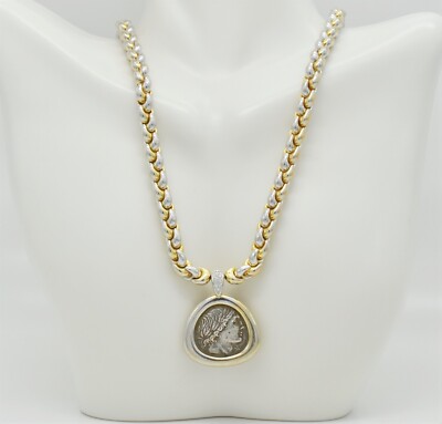 18k Yellow Gold Platinum Diamond Roman Coin Necklace,