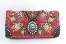 Squash Blossom Western Red PU Leather Turquoise Concho Crossbody Trifold Wallet