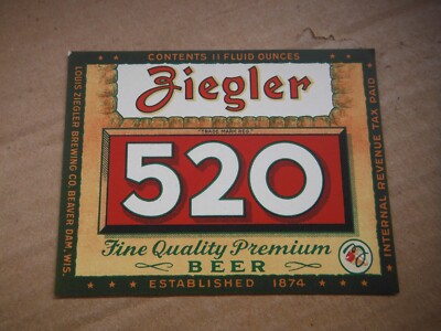 ZIEGLER 520 IRTP 11 OZ BEER LABEL-ZIEGLER BRG.,BEAVER DAM,WIS