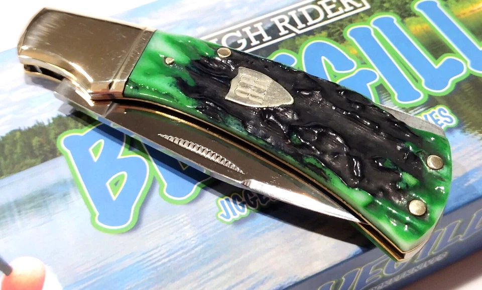 Faca de bolso dobrável Rough Rider Bluegill preta azul verde osso irregular bloqueio - Imagem 3 de 4