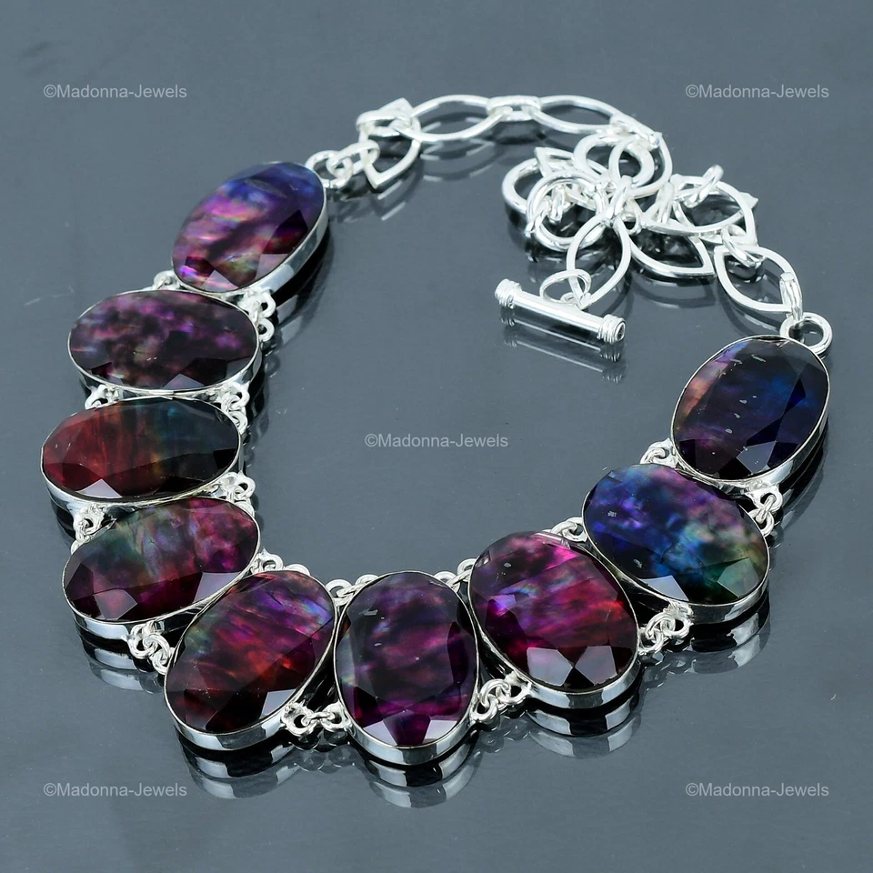 Venta de San Valentín Ammolita Piedras Preciosas Boho Cadena Bisel Esposa Collar Plata Esterlina Foto 4 de 4