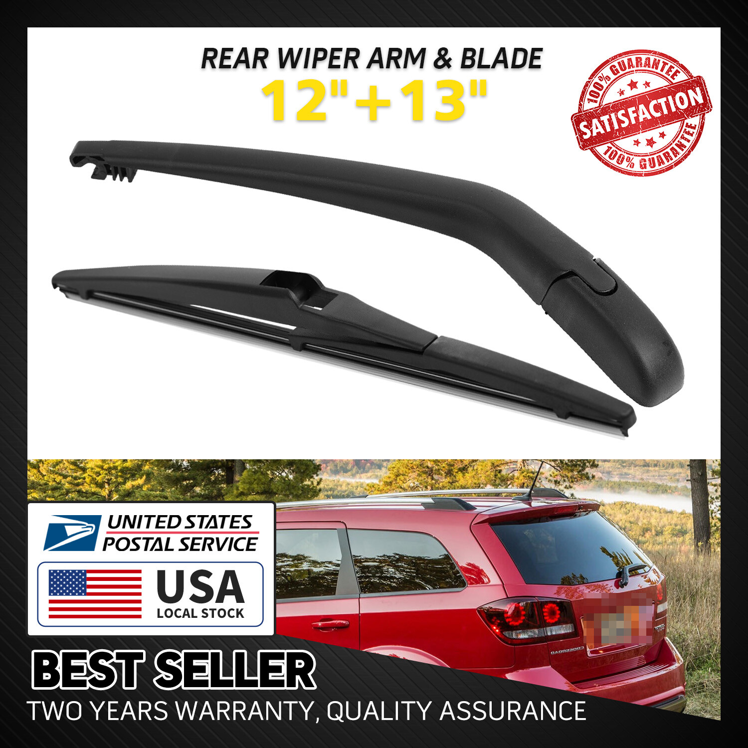 Black Rear Wiper Arm & Blade Set for 2009-2020 Dodge Journey 68040371AA