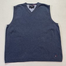 Vintage Tommy Hilfiger Sweater Vest Mens XL V Neck Blue Knit 100 Cotton Flag
