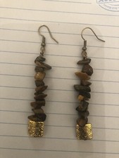 Vintage Brown Tiger’s Eye W/ Egyptian Mosaic Bead Fish Hook Dangling Earrings