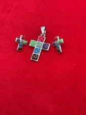Multi Color Cross Pendant and Earrings Set Marked MJ 
