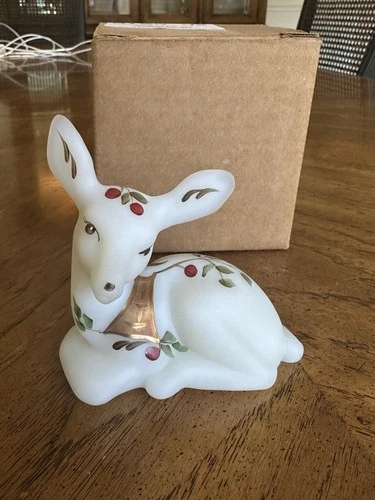 Fenton Ivory Satin Glass Fawn Figurine Hand Painted by V. Adkins – Original Box