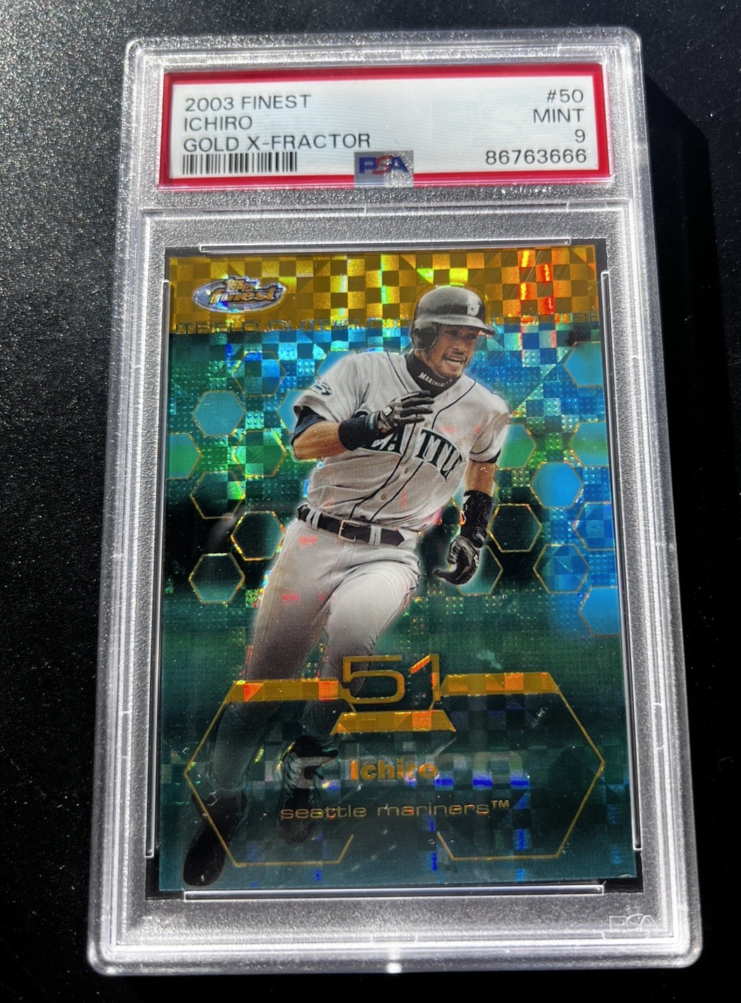 2003 TOPPS FINEST GOLD XFRACTOR #50 ICHIRO SUZUKI /199 PSA 9