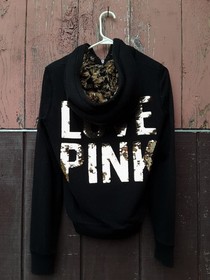 Rare Vtg Y2K Victoria's Secret LOVE PINK leopard fur black hoodie XS sequined