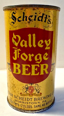 SCHEIDT'S VALLEY FORGE BEER O/I INDOOR FLAT TOP USBC 142-38 VA TAX LID THREE PAT