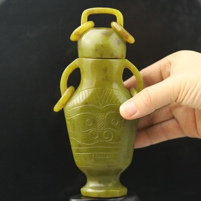 China Natural xiu yan yellow Jade Hand Carved Statue pot vase rings bottle q