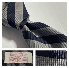 ROBERT TALBOTT VTG Silver Gray Navy Blue Stripe Repp Silk Poly Tie Hand Sewn