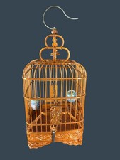 Vtg Handmade Chinese Bamboo Bird Cage Hanging House 2 Ceramic Feeding Dishes