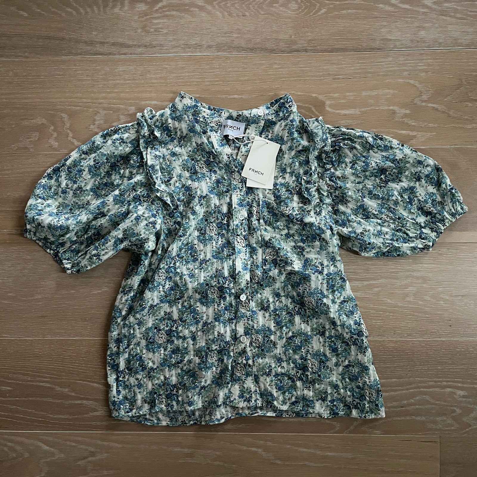 FRNCH Olga Floral Print Cotton Ruffle Top NWT XS Blue Green