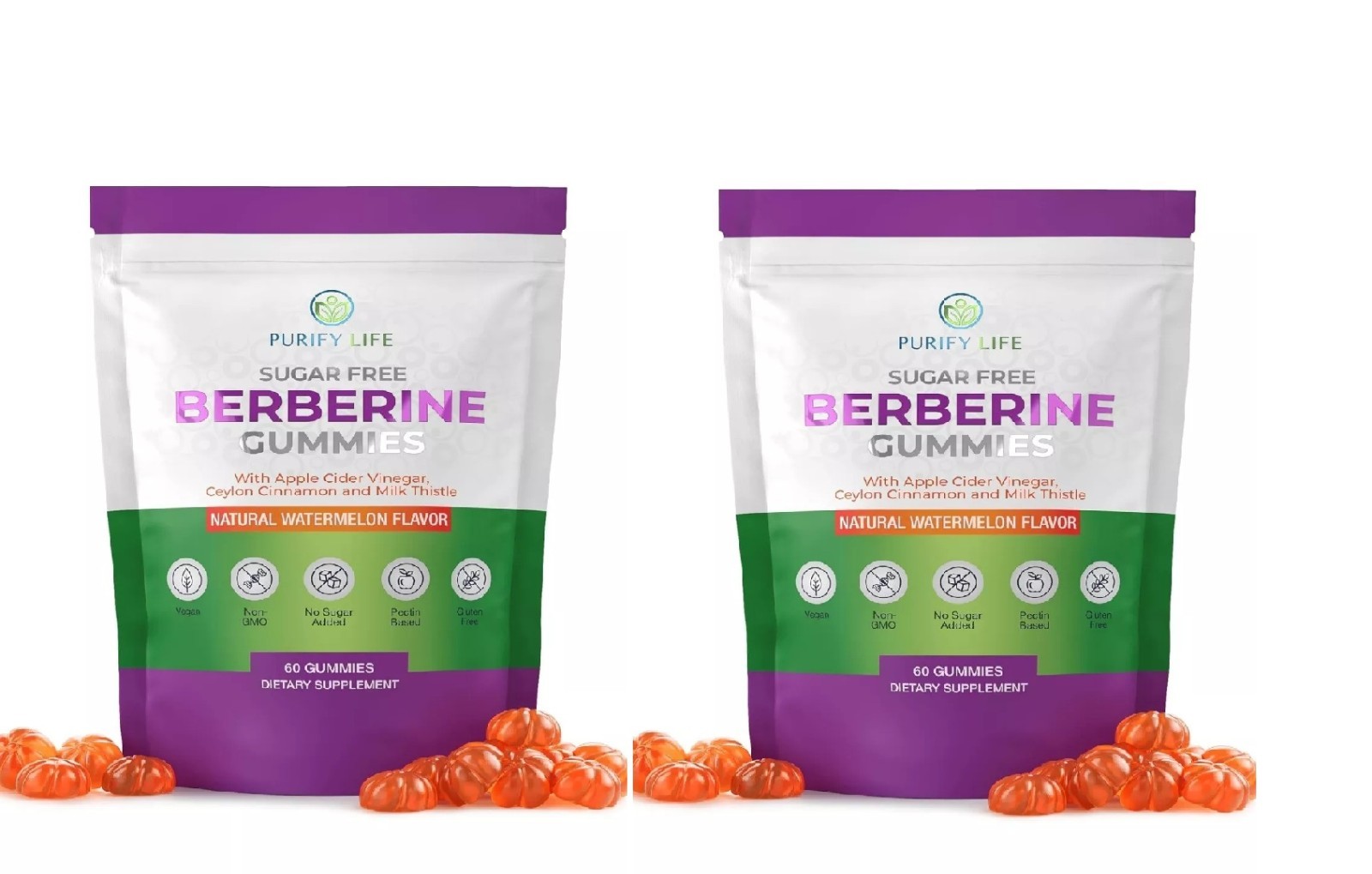 Lot of 2 Purify Life Sugar Free Berberine Gummies- Watermelon flavor-120 Gummies