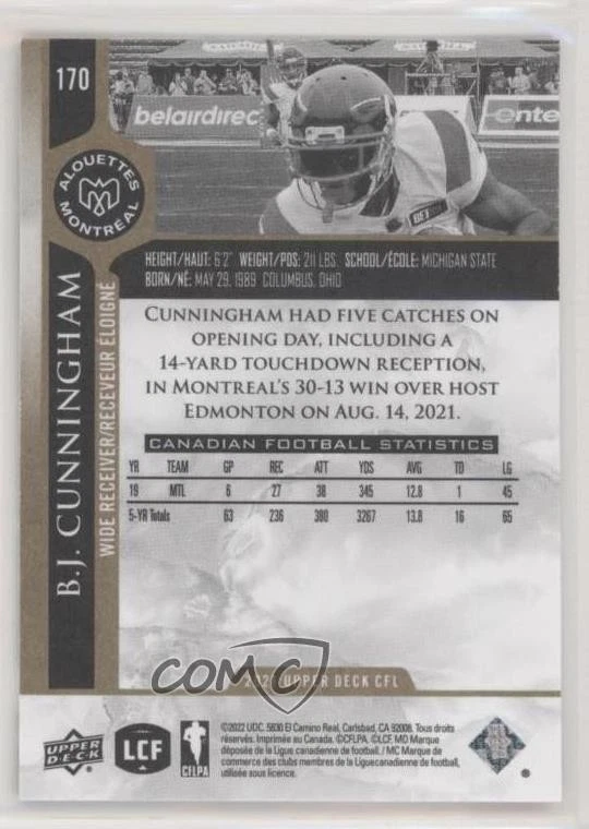 2021 Upper Deck CFL Gold /50 BJ Cunningham #170 - Image 2 of 2