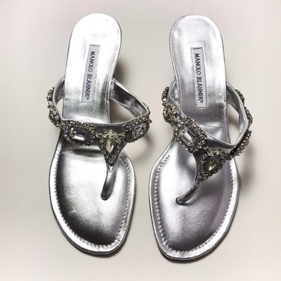 NEW Manolo Blahnik Y2K Vintage Crystal Jewel Silver Thong Kitten
