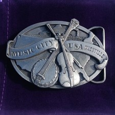 Nashville Country Music Belt Buckle Banjo and Fiddle Vtg 1984 Pewter USA