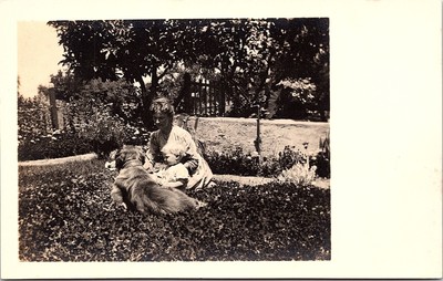 Woman and Child with Dog in Sunny Garden, Early 1900s, RPPC Postcard