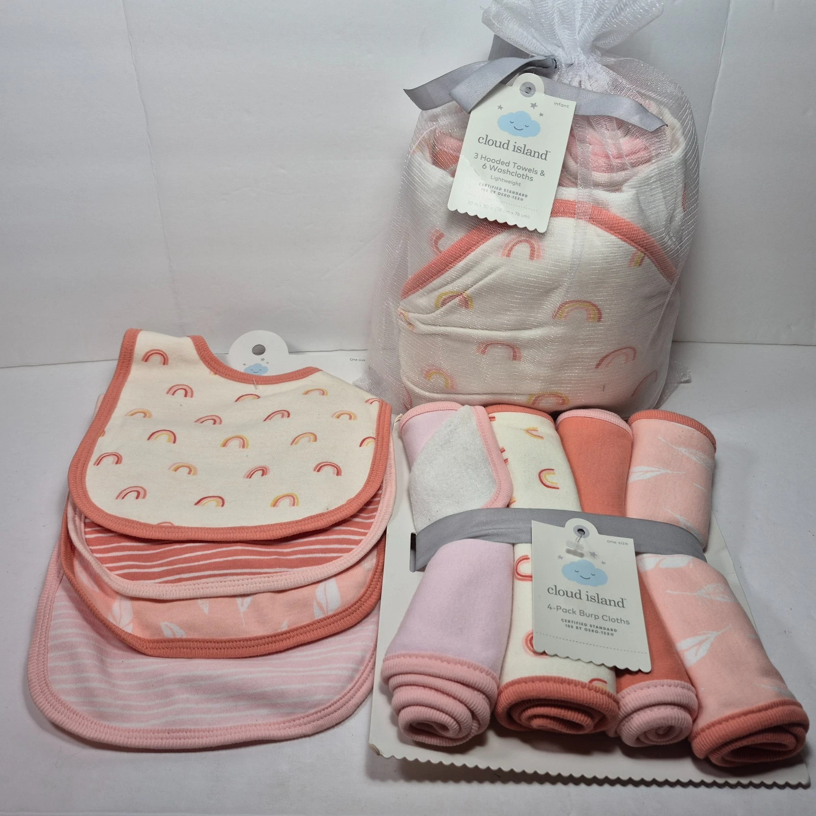 Cloud Island Coral Rainbow Print Infant Baby Shower Gift Set 17 Pcs Bib Towels