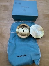 Vintage Tiffany & Co. Brass Travel Alarm Clock With Pouch and Box Untested