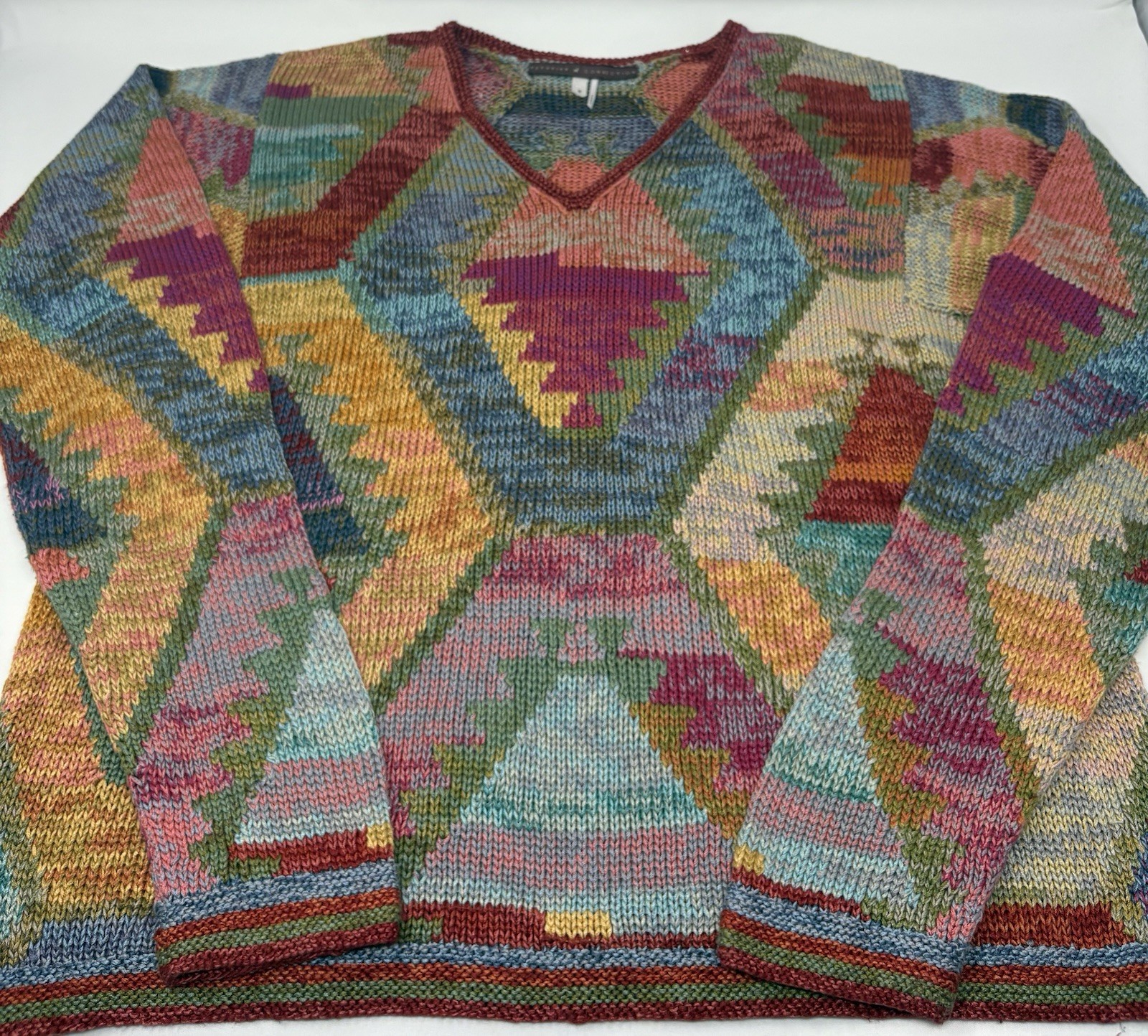 Peruvian Connection Multicolor Rainbow V Neck Kni… - image 2