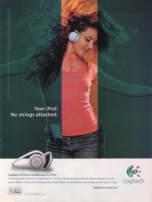 2005 logitech headphones print ad wireless Apple ipod woman dancing vintage art
