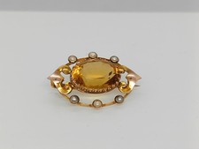 Marked 9ct Gold Victorian Brooch Large Citrine & Seed Pearls 28mm 3.04g Tested