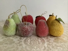 Beaded Faux Fruit Pears Ornaments Bowl Filler Christmas Yellow Red Green 8 Pc