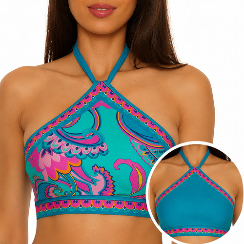 Trina Turk Mykonos Reversible High Neck Bikini Top Women's Swimwear NWT