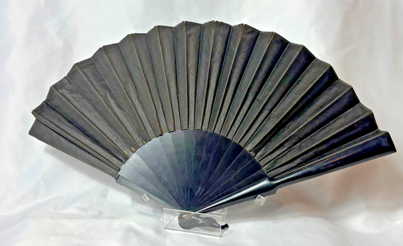 Victorian Mourning Fan Folding Black Satin Painted Flowers & Foliage Black Wood
