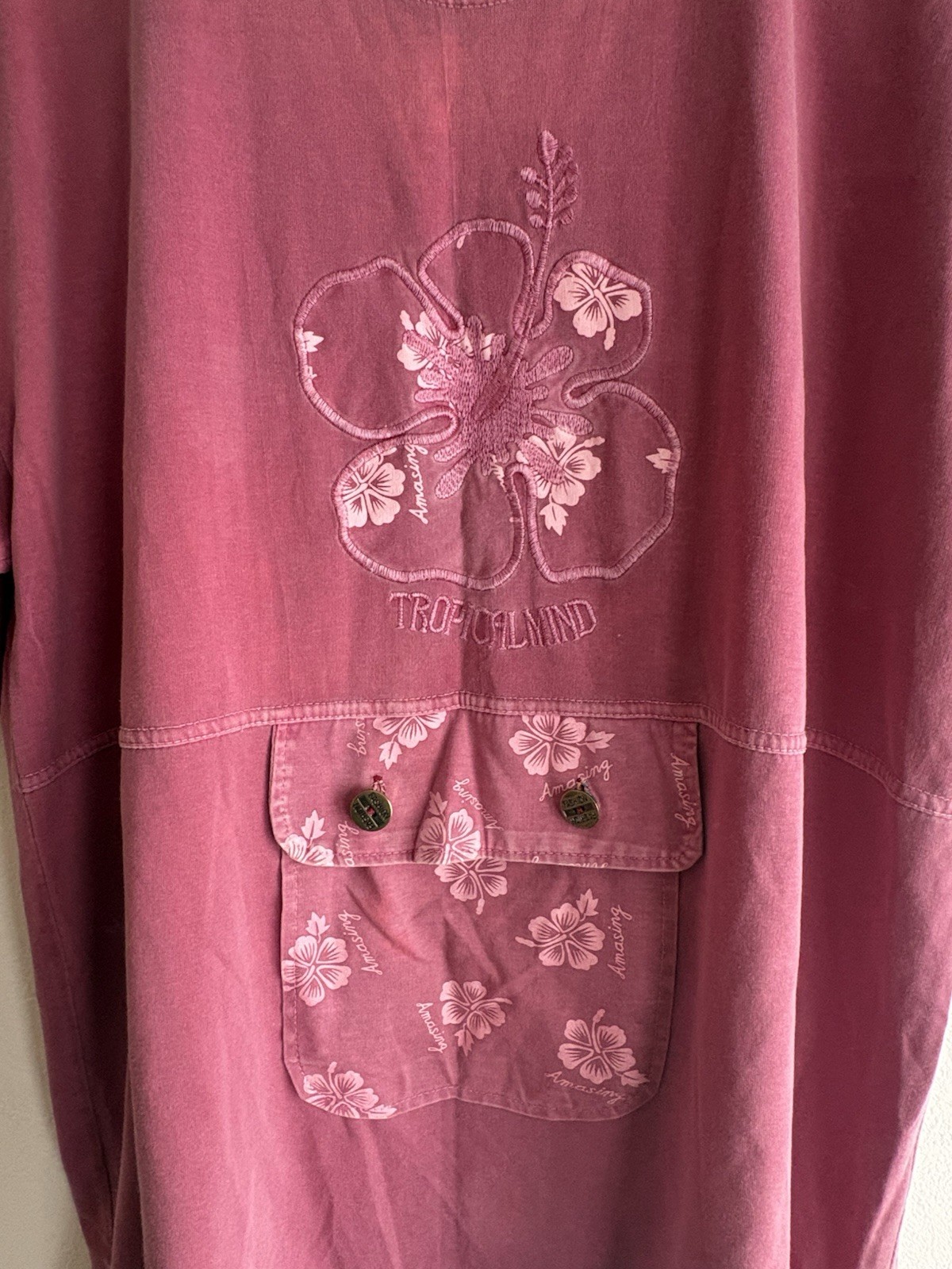 90’s Tropical Mind Floral Graphic Pocket T-Shirt Pink Vintage Surf Art Tee image 4