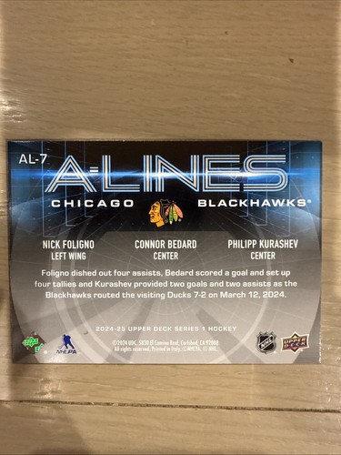 2024-25 Upper Deck Foligno Bedard Kurashev A-Lines #AL-7 Chicago Blackhawks - Bild 2 von 2