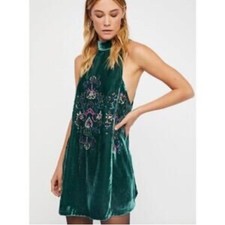 Free People Sequins Crushed Velvet Emerald Swing Dress sz S