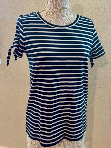 NWT Nautica Tie Sleeve Striped T-Shirt Top Size M Navy White - product listing photo