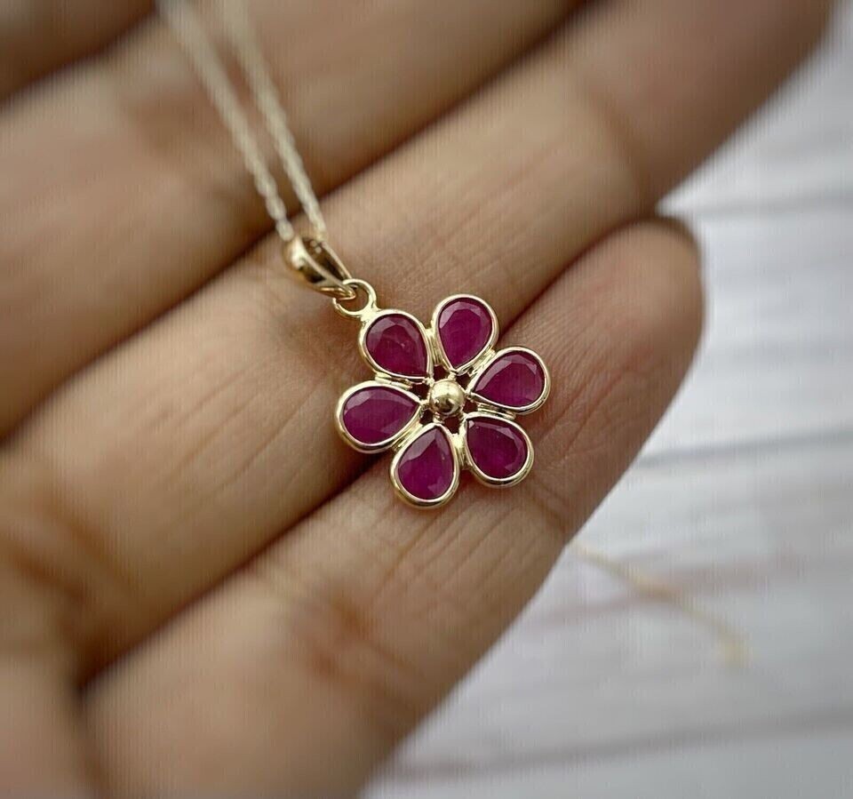 2Ct Pear Cut Simulated Red Ruby Flower Shape Pendant In 14K Yellow Gold Plated