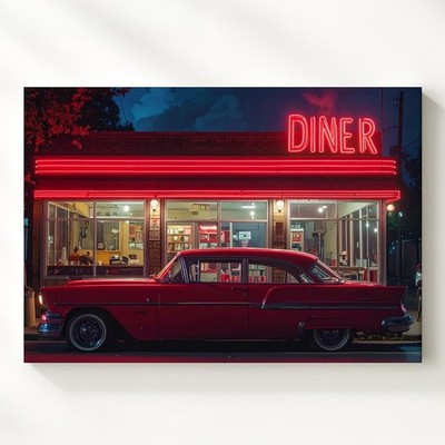 Wall Art Neon Diner Night Canvasvintage Car & Retro Americana