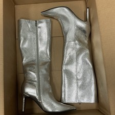 GUESS Richee Knee High Boots Silver Pointy Toe Stiletto Heel 9.5M MSRP $139
