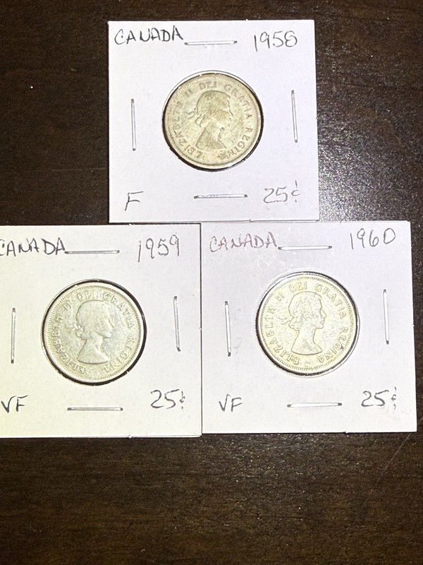(3 Coins) 1958 1959 1960 Canada 80% Silver Quarters -Queen Elizabeth II