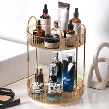 Rotating Makeup Organizer Countertop 2 Tier Lazy Susan Trays Clear Skincare P...