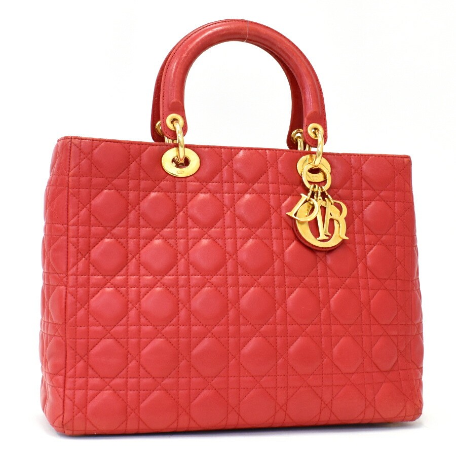 Dior Lady Large Red Lambskin Cannage Bag with Gold Hardware