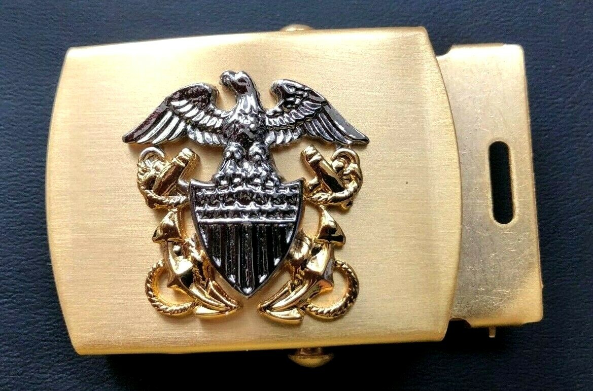 USN NAVY OFFICER CAP BADGE, MALE DRESS BELT SOLID BRASS 