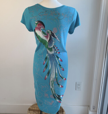 green ed hardy dress Y2K ED HARDY Green Graphic Mini Dress (M) main image 1