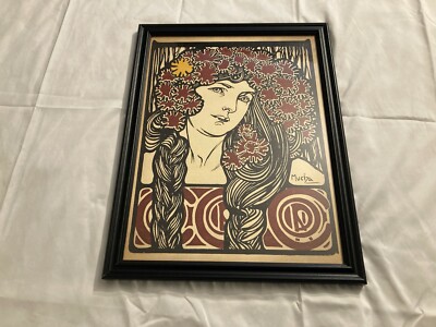 Art Nouveau Girl Red Flowers in Hair Pagan Alphonse Mucha 12''x16'' Framed Print