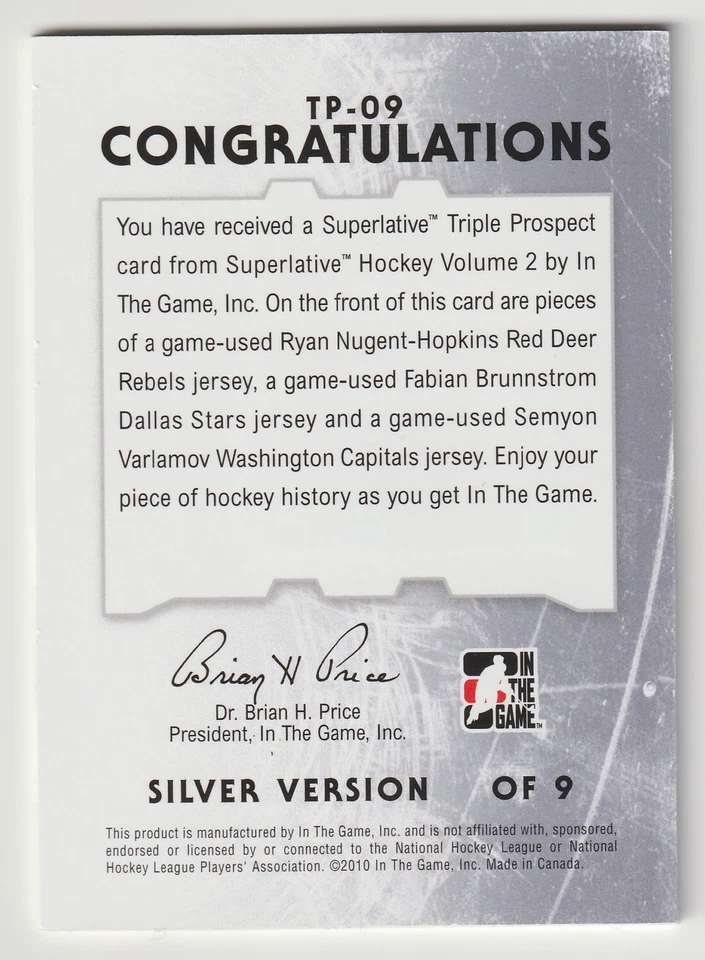 09-10 ITG Triple Prospect Silver Ryan Nugent-Hopkins Semyon Varlamov Brunnstrom - Image 2 of 2