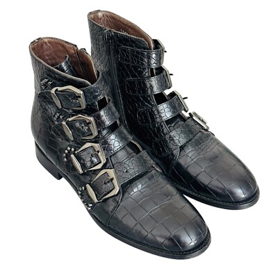 Pertini Reptile Embossed Black Leather Buckle Studded Moto Biker Ankle boots 7