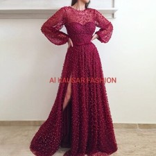 Luxury Red Pearl Long Sleeve Burgundy Long Prom Dress