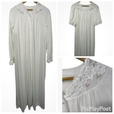 Shadowline Vtg Pegnoir Set White Nightgown and Robe Lace Trim Pink Roses Sz S