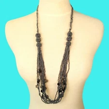 32" Long Hematite Color Multi Strand Handmade Mixed Seed Bead Necklace Non Metal